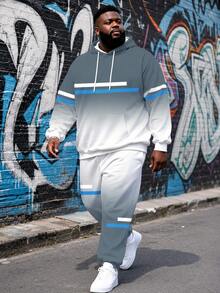 Men's Street Casual Minimalist Series "Gradient And Stripes" Plus Size Hoodie Sweatshirt Set Spring Autumn Winter Sports 2-Piece Set - Ins Style Loose Fit Plus Size Comfortable Hoodie + Joggers Street Hip-Hop Versatile - White - View 1
