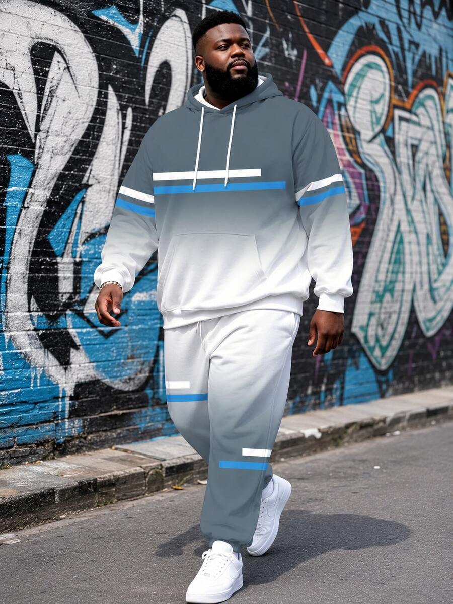 Men's Street Casual Minimalist Series "Gradient And Stripes" Plus Size Hoodie Sweatshirt Set Spring Autumn Winter Sports 2-Piece Set - Ins Style Loose Fit Plus Size Comfortable Hoodie + Joggers Street Hip-Hop Versatile - White - View 1