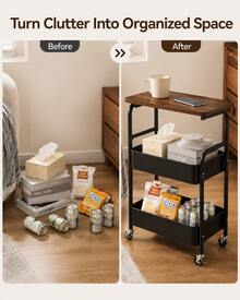 3-Tier Rolling Side Table With Tabletop & 2 Mesh Storage Baskets, Compact Mobile Utility Cart With 4 Caster Wheels For Sofa, Bedside, Office, Snacks & Makeup - View 6