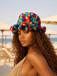 1pc Women's Handmade Knitted Solid Color Ruched Bucket Hat, Exaggerated Design, Fashionable Winter Knitted Hat - A - View 3