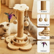 Cat Scratching Post, Indoor Cat Interactive Furniture Toy, 4-In-1 Wooden Cat Scratching Toy,  High Scratching Post With 2 Horizontal Cat Ball Tracks, Kitten Activity Center For Indoor Kittens And Adult Cats - 木質色 - 查看 5