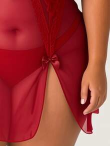 Camisola Plus Size Sexy Rendada em Tule Transparente Sem Bojo Com Alças Reguláveis Lingerie Luxo - Vermelho - Visão 5