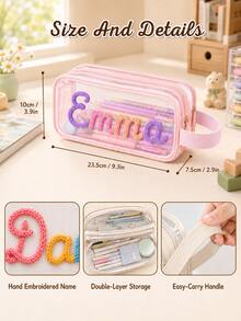 Personalized Double Layer Pencil Case, Hand Embroidered Name Mesh Pencil Pouch, Large Capacity Stationery Organizer, Back To School Gift - Multicolor - View 6