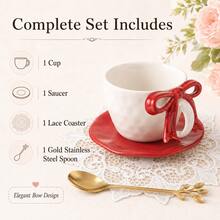 WGROOM Bộ cốc cà phê và đĩa lót bằng gốm kèm đế lót ren và thìa vàng, 4 kiểu dáng, bộ trà dễ thương cho gia đình, văn phòng và trà chiều - Nhiều màu - Xem 10
