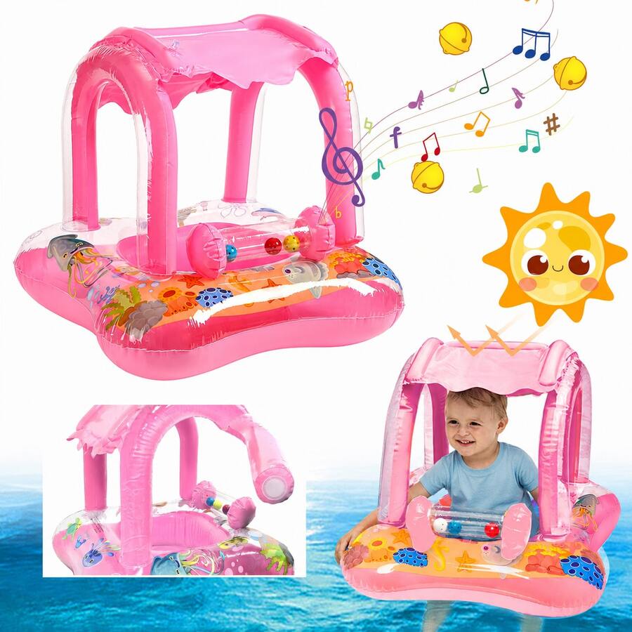 Flotador de natación para niños con sombrilla, productos de asistencia para nadar con función de protección solar, tabla de entrenamiento de natación - Rosa - Ver 1