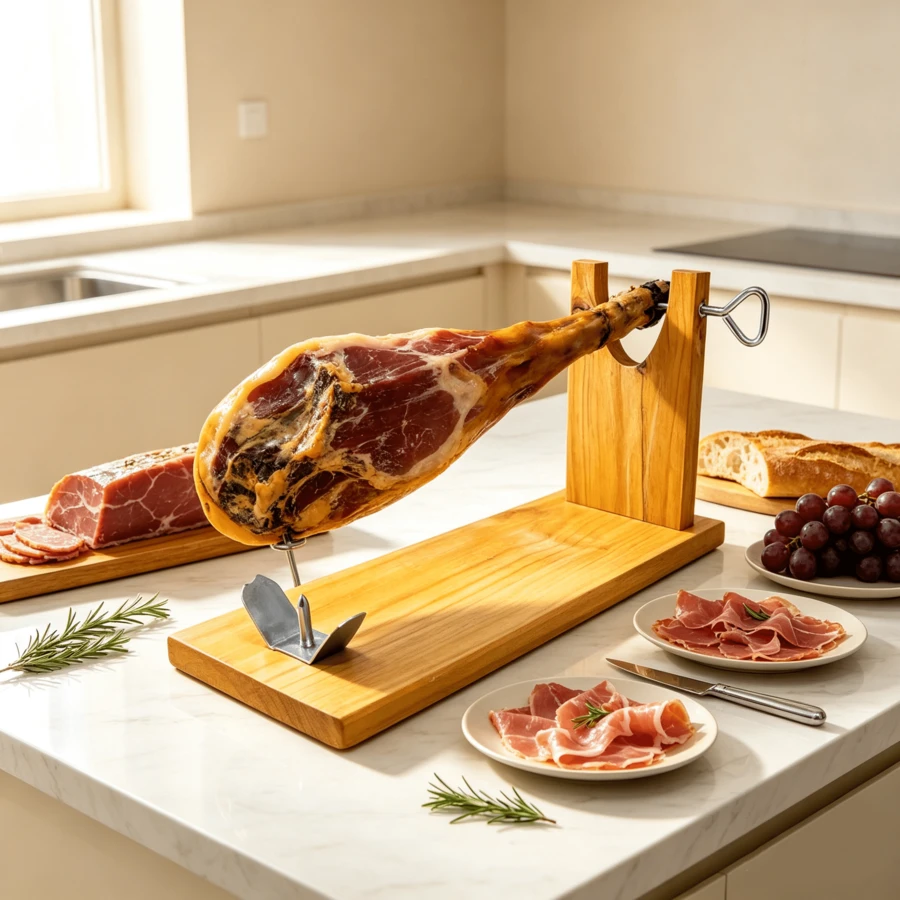 STARLEY-Soporte Jamonero de Madera y Acero Inoxidable Modelo Luna 40x16x26 Cm - modelo luna - Ver 1