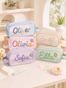 Personalized Double Layer Pencil Case, Hand Embroidered Name Mesh Pencil Pouch, Large Capacity Stationery Organizer, Back To School Gift - Multicolor - View 4