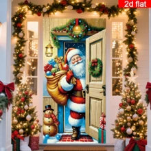 Cortina de puerta plana 2D de Papá Noel entregando regalos, diseño de Papá Noel de estilo de dibujos animados cargando una bolsa de regalos, combinada con muñeco de nieve, corona navideña y linterna, tono cálido, poliéster duradero, sin necesidad de energía, adecuada para decoración con tema navideño, se puede usar para decoración de pared interior/exterior, puerta/ventana, decoración de ambiente festivo, hogar, centro comercial, estudio, escenas al aire libre, material de poliéster, sin necesidad de energía - A - Ver 3