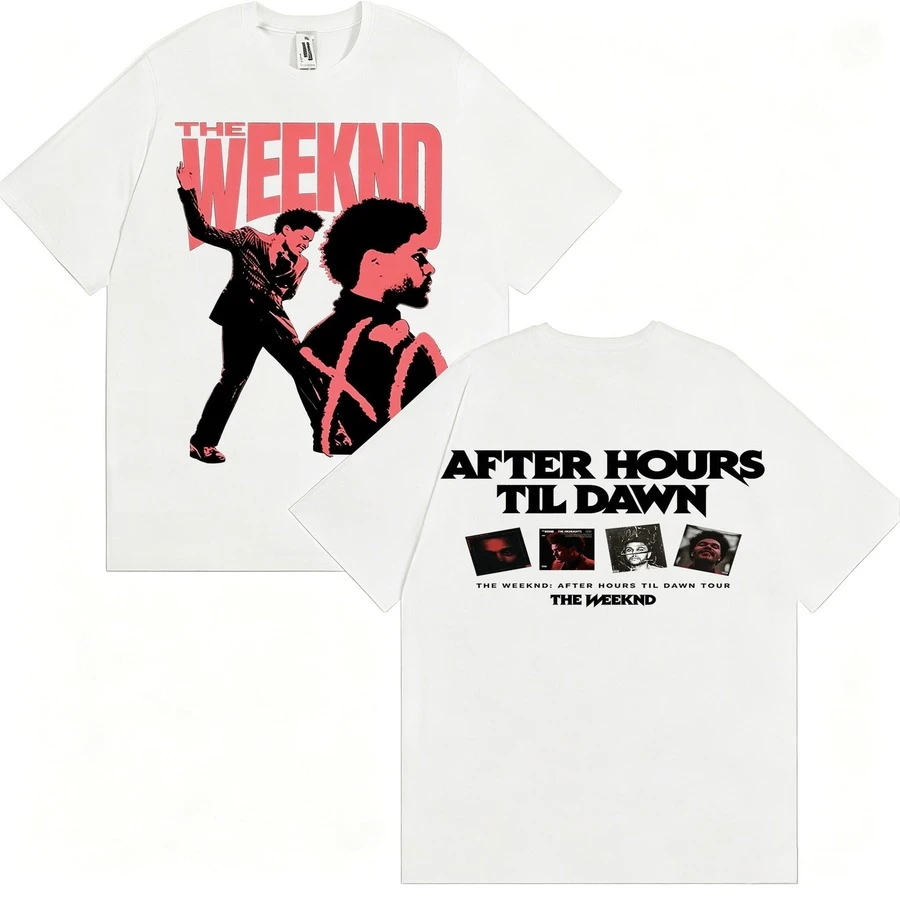 Double Sided The Weekndd After Hours Til Dawn Tee, Pink THE WEEKNDD Front, Double Silhouette XO Heart, AFTER HOURS TIL DAWN Album Back - White - View 1