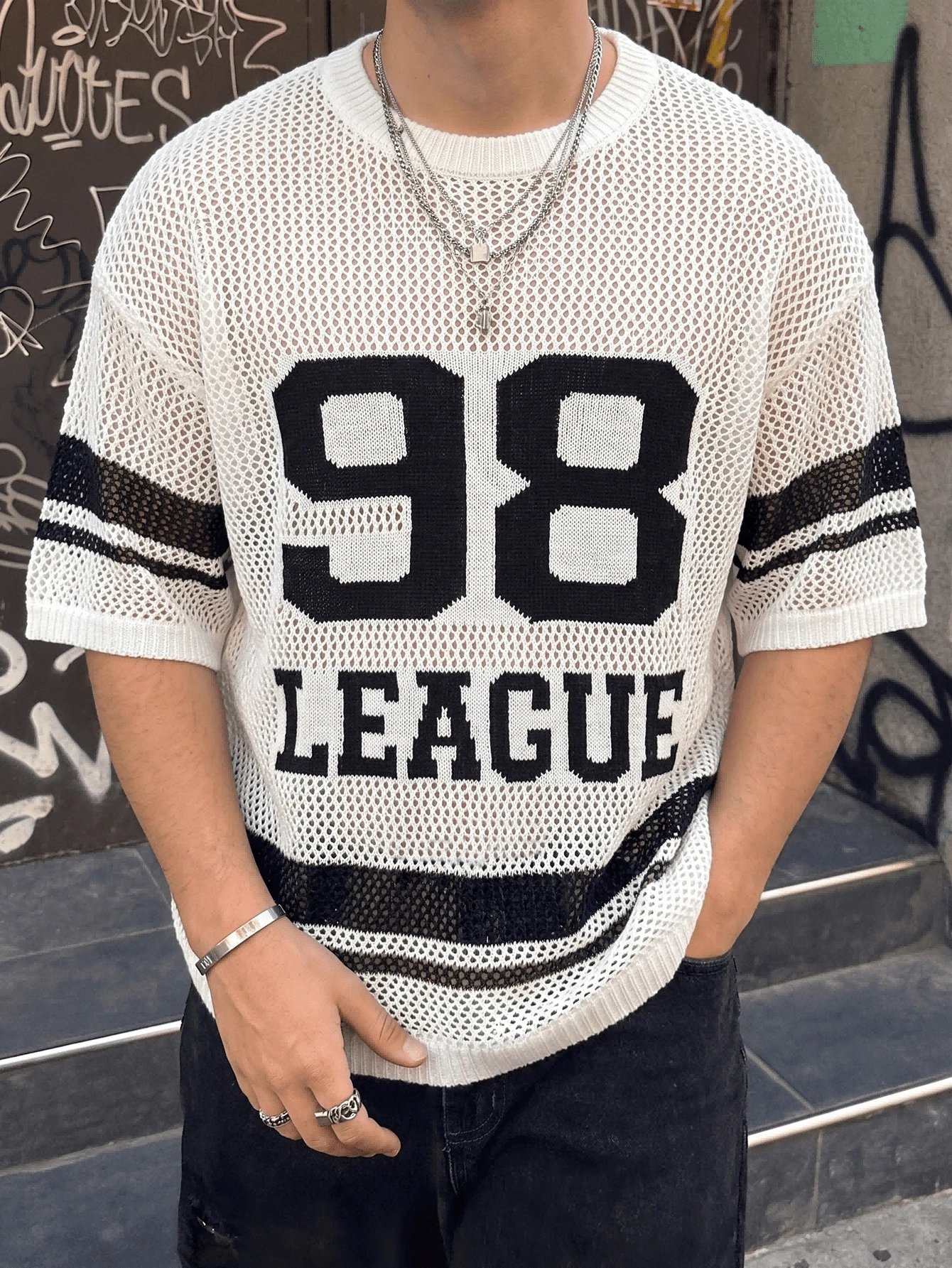 ANDREILEE Men's Unisex Knit Round Neck Short Sleeve Top Street Sport Casual 98 Number Hollow Out Semi-Sheer T-Shirt Spring Summer - Apricot - View 1