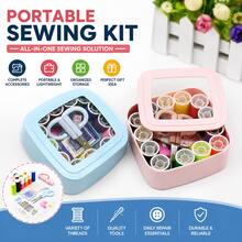 All-In-One Square Sewing Kit Portable Clear Transparent Lid Storage Box Pink & Blue 2 Colors Complete Sewing Supplies With Thread Spools Scissors Tape Measure Needles Thimble For Home Travel Emergency Clothes Repair Embroidery DIY Handcraft - Square Needle and Thread Set - View 1