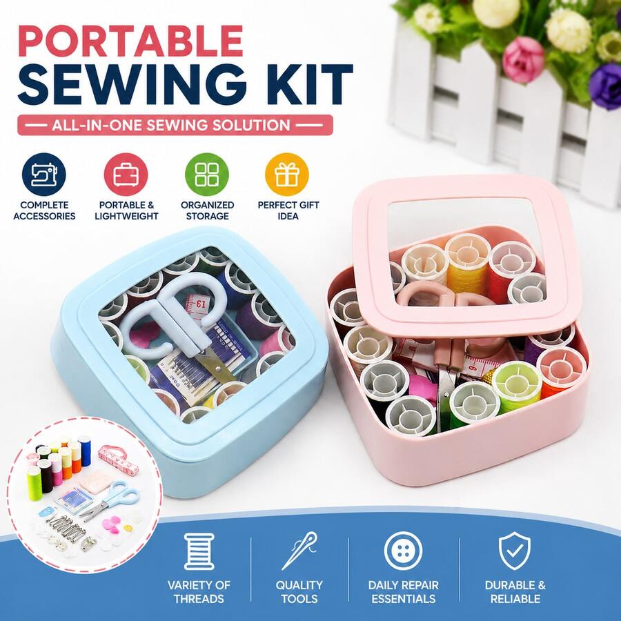 All-In-One Square Sewing Kit Portable Clear Transparent Lid Storage Box Pink & Blue 2 Colors Complete Sewing Supplies With Thread Spools Scissors Tape Measure Needles Thimble For Home Travel Emergency Clothes Repair Embroidery DIY Handcraft - Square Needle and Thread Set - View 1
