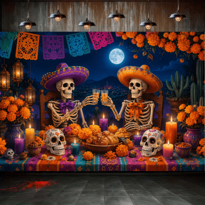 1 pieza Tela de fondo con temática del Día de Muertos mexicano, calavera pintada sosteniendo una taza, combinada con cempasúchil. Artículo decorativo de papel recortado colorido. Adecuado para eventos, fiestas, jardines y accesorios de fotografía del hogar con temática del Día de Muertos.