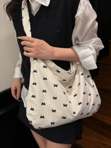 Dedoo 女款蝴蝶結印花布料單肩斜挎包，寬肩帶休閒大容量日常托特包，大容量學生後背包，適合大學校園 - 彩色 - 查看 3