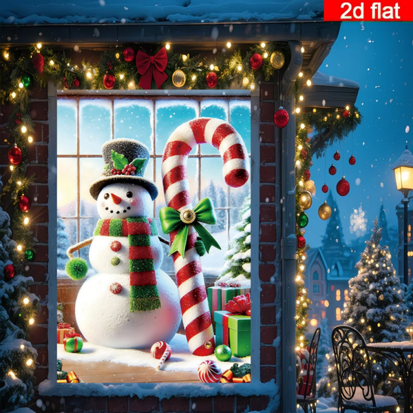 2D Flat Snowman Candy Cane Window Backdrop, Snowman With Top Hat And Red & Green Scarf, Giant Red & White Candy Cane, Gift Box And Christmas Decorations, Snowy Background For Holiday Atmosphere, Suitable For Christmas Party, Holiday Gathering, Wall Decor, Photography Backdrop, Durable Polyester Material With No Odor, Fits Indoor And Outdoor Scenes, Easily Create A Playful Christmas Scene, No Power Needed To Create A Strong Holiday Atmosphere, Add A Lively And Cute Vibe To Christmas Themed Events, Ideal For Christmas Decoration