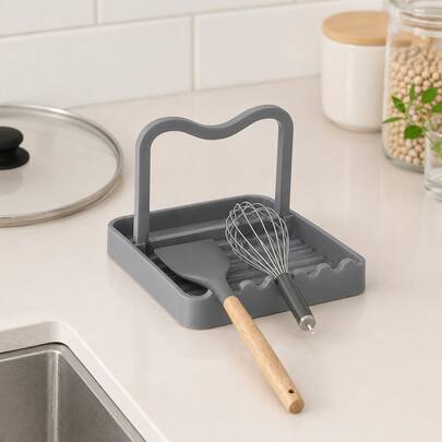 1pc Multifunctional PP Pot Lid Holder & Utensil Tray, Kitchen Countertop Spoon/Spatula/Ladle Storage Tray