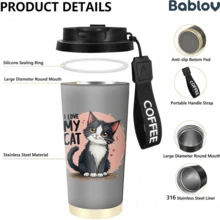 1/5pcs 18oz Stainless Steel Coffee Tumbler, Matte Grey I LOVE MY CAT Fluffy Black White Cat Cute Print Travel Mug, Multi-Function Flip Straw Lid, Black COFFEE Lanyard Strap, Ideal Gift For Cat Lovers Pet Owners Girls, Suitable For Home Travel Office - Kitten - View 6