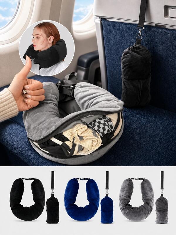 3 Peças Almofadas de Viagem Recarregáveis, Almofadas de Viagem Macias e Fofas Não Preenchidas, Múltiplas Cores Disponíveis, Podem Ser Usadas Como Almofadas de Viagem de Armazenamento, Adequadas para Viagem, Essenciais de Viagem, Almofada de Pescoço em Forma de U, Adequada para Carro e Avião, Armazenamento e Organização
