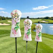 Lily Flower Embroidered Golf Club Head Cover, Wear-Resistant Waterproof PU Fabric, Wood Club Head Protective Cover, Golf Accessories - White - View 6