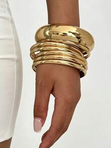 7 piezas de brazaletes de metal de hierro plano ancho, elegantes y vintage, adecuados para el uso diario de las mujeres, fiestas, vacaciones y diversas ocasiones, regalo - Dorado - Ver 3
