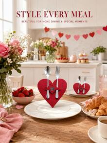 6pcs Valentines Day Heart Cutlery Holder Red Flatware Pocket Romantic Table Setting Organizer For Dinner Dates Weddings Parties Cutlery Not Included - Red Heart-shaped Knife and Fork Set - View 5