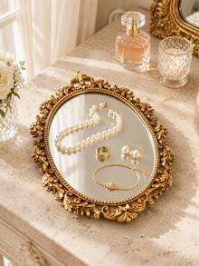 Vintage Gold Oval Mirror Jewelry Tray, Baroque Carved Vanity Storage Box, Suitable For Rings, Earrings, Necklaces And Bracelets - Premium Mirror Storage - View 3