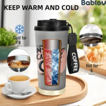 1/5pcs 18oz Stainless Steel Coffee Tumbler, Matte Grey I LOVE MY CAT Fluffy Black White Cat Cute Print Travel Mug, Multi-Function Flip Straw Lid, Black COFFEE Lanyard Strap, Ideal Gift For Cat Lovers Pet Owners Girls, Suitable For Home Travel Office - Kitten - View 3