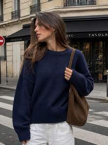 Sweater Rajut Kasual Serbaguna Warna Solid Gaya Eropa & Amerika Y2K Terbaru 2026 untuk Wanita, Musim Gugur/Dingin - Navy Blue - View 2