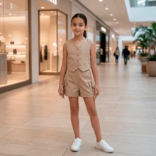 Conjunto Alfaiataria Infantil Menina Shorts e Colete Moda Infantil Dia das Crianças com Embalagem para Presente - Bege - Visão 5