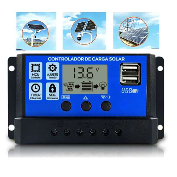 CONTROLADOR DE CARGA SOLAR PWM  12V/24V AUTOMÁTICO COM DISPLAY LCD E USB CC3010