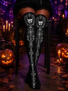 1 Pair Women's Halloween Skeleton Vine Thigh High Socks, Original Gothic Floral Over-The-Knee Socks, Suitable For Party Cosplay Outfit - Black - View 3