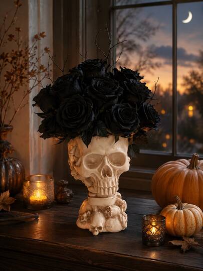 Gothic Skull Vase, Halloween Black Rose Floral Vase, Dark Academia Home Decor, Unique Skull Dried Flower Vase, Eerie Desktop Ornament, Living Room Bedroom Bookshelf Office Vintage Decoration, Party Decor Gift Creative