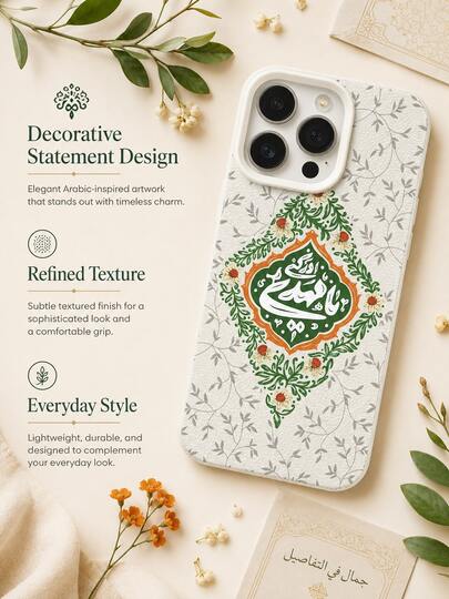 1PC Muslim Islamic Calligraphy Phone Case Compatible With Iphone 17 16 15 14 13 12 11 Pro Max, Diamond Frame Arabic Script Green Vine Leaves Daisy Flower Grey Branch Texture Cream Off White Grain Leather Cream White Frame Shockproof Phone Shell
