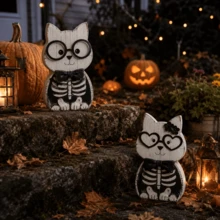1/2pcs Vintage Distressed Wooden Cat Skeleton Decor, Farmhouse Style Halloween Tabletop Ornament, Suitable For Tiered Trays, Fireplace Mantels And Indoor Party Scenes - Multicolor - View 5