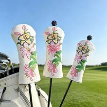 Lily Flower Embroidered Golf Club Head Cover, Wear-Resistant Waterproof PU Fabric, Wood Club Head Protective Cover, Golf Accessories - White - View 4