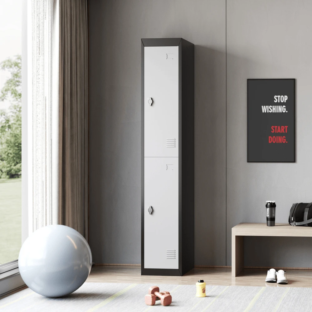 1PCS Heavy-Duty Tall Metal Locker With Lock, 2 Doors, Hanging Rod & Adjustable Shelf, Ventilated Rustproof Structure, Easy Assembly For Office, School, Gym, Garage, Grey+Black - Light Gray+Black - View 1