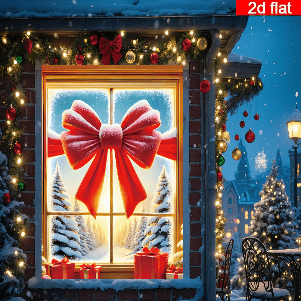 2D Flat Red Bow Window Backdrop, Giant Red Bow With Snowy Pine Forest Scene, Gold Window Frame And Gift Box Accents, Falling Snowflakes Create Romantic Christmas Atmosphere, Suitable For Christmas Party, Holiday Gathering, Wall Decoration, Photography Background, Polyester Material Durable And Odorless, Fits Indoor And Outdoor Multiple Scenes, Easily Create Dreamy Christmas Scene, No Power Needed To Light Up Holiday Atmosphere, Add Warm And Premium Feel To Various Christmas Themed Events, Quality Choice For Christmas Decoration