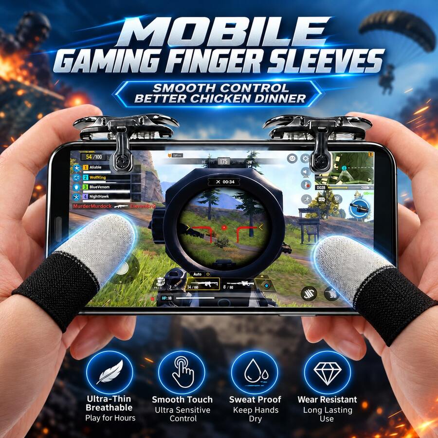 Mobile Game Triggers, Compatible With IPhone And Android, L1 R1 Game Triggers, Zero Latency, Fast Aiming, No Screen Obstruction, CODM Controller Shooting (2 Buttons), Comes With 4 Lightweight, Breathable, Sweat-Absorbing Silver Fiber Game Finger Sleeves (Suitable For All Touchscreen Gaming Devices)