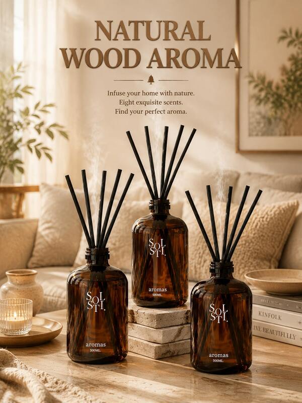 500ML Natural Reed Diffuser, Wooden Style Home Fragrance Decor, Elegant Fragrance Diffuser With Black Fiber Reeds, Minimalist Room Decoration, Suitable For Living Room, Bathroom, Entryway, Gift Choice, White Tea And Oud Fragrance
