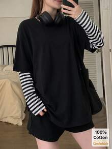 Kaos Lengan Panjang Wanita 2-in-1 Model Berlapis Palsu, Atasan Hitam Motif Bunga Longgar untuk Musim Gugur - Hitam - View 4