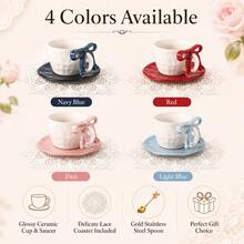 WGROOM Bộ cốc cà phê và đĩa lót bằng gốm kèm đế lót ren và thìa vàng, 4 kiểu dáng, bộ trà dễ thương cho gia đình, văn phòng và trà chiều - Nhiều màu - Xem 8