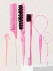 6件組粉色美髮工具套組－鼠尾梳、髮刷、2件法式編髮工具，適用於編髮與DIY髮型，沙龍、美容旅行必備、返校、度假必備，女性美髮配件旅行必備，髮型造型 - 粉色 - 查看 11