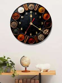 1pc 10/12 Inch Silent Round Wooden Clock With Various Spices And Seasonings, Quartz Movement, Multi-Color With Gold Accents, Battery Operated (AA Batteries Not Included), Suitable For Bedroom, Kitchen, Study, Garage, Christmas Decor, Living Room - Multicolor - View 4