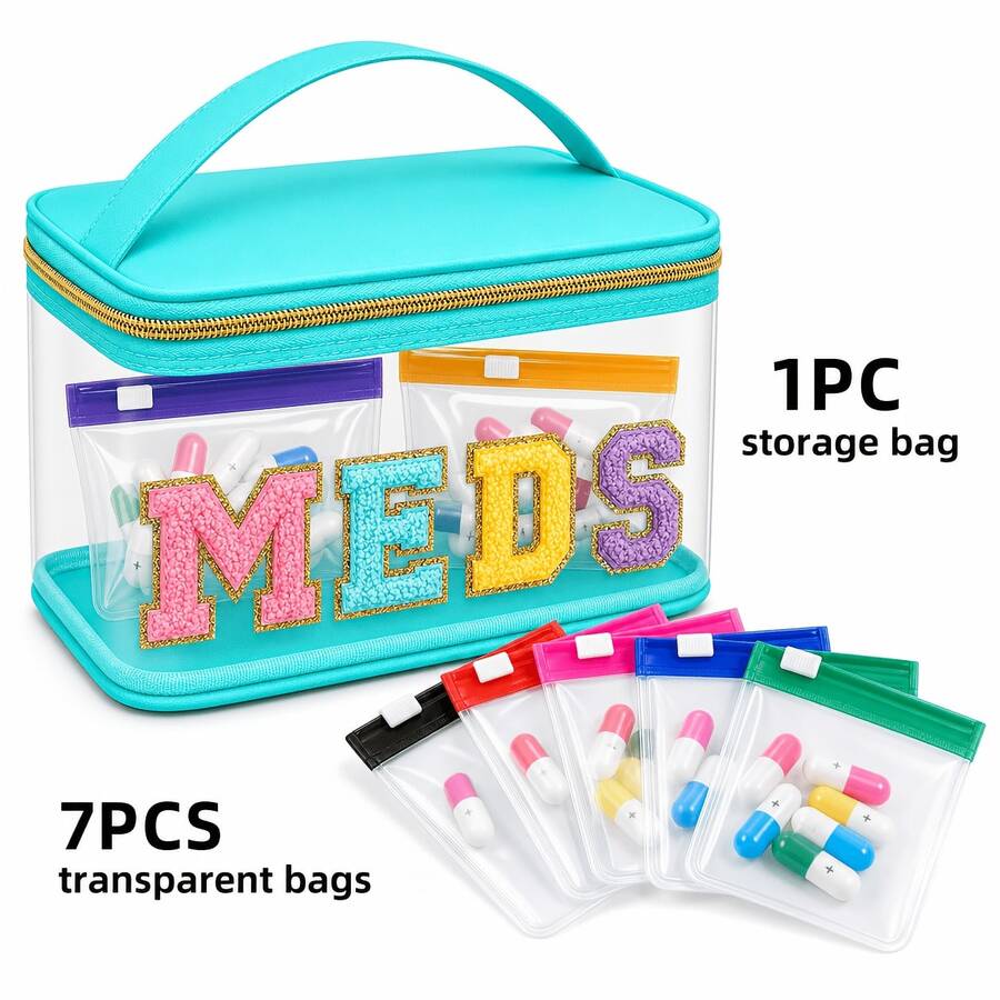 Fashionable Black Chenille Letter Patch MEDS Bag - Transparent Travel Medicine Sorting Bag With Handle, Waterproof Nylon Portable Medicine - 綠色+7色小藥包 - 查看 1