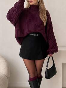Women's Burgundy High Neck Knit Sweater, Bishop Sleeve Design, Comfortable And Fashionable, Autumn/Winter Essential Top - Burgundy - View 7