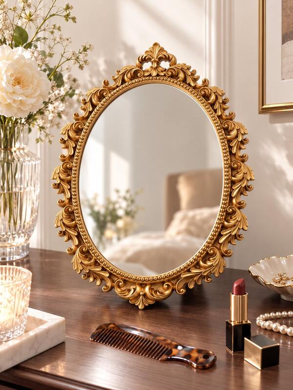 1pc 8.66 Inch Resin Vintage Handheld Mirror, Gold Baroque Style Decorative Makeup Mirror, Oval Vanity Mirror With Ornate Floral Frame, Vintage Princess Style Vanity Decor, Aesthetic Room Decoration Women Gift