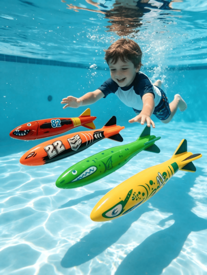 Set de 4 piezas de juguetes de buceo y piscina para niños de verano, que incluye juguetes de buceo de hierba submarina, aros de buceo que se hunden y juguetes de torpedo. Herramientas de entrenamiento profesional de retención de la respiración, adecuadas para juegos acuáticos en la piscina y juegos interactivos familiares al aire libre. Juguetes de baño, juguetes para jugar con agua, fiesta en la piscina, juguetes de playa al aire libre.