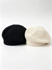 1 buah Topi Baret Rajut Tebal Gaya Vintage untuk Mahasiswa, Topi Hangat Berwarna Hitam Polos dengan Karet Elastis Lembut, Cocok untuk Remaja Putri di Kampus, Kencan, dan Jalan-jalan - Gaya 1 - View 9