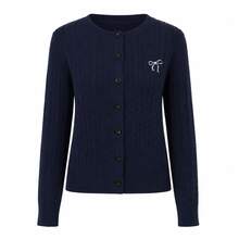 Cardigan Rajut Kabel Warna Navy untuk Wanita dengan Pita Bordir, Sweater Lengan Panjang Leher Bulat dengan Kancing Depan untuk Musim Gugur & Musim Dingin - Navy Blue - View 9