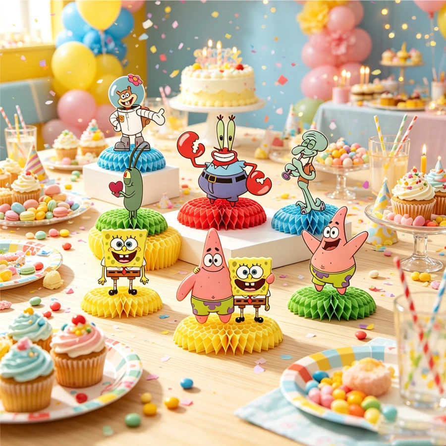 SpongeBob SquarePants Cartoon Honeycomb Desktop Decoration Set, Multiple 3D Honeycomb Desktop Ornaments, Suitable For Halloween, Thanksgiving, Christmas, Birthday And Various Holiday Party Table Decor - Multicolor - View 1
